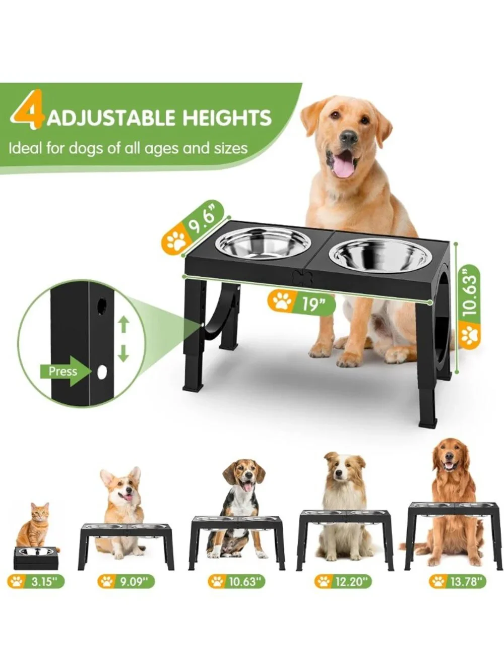 Elevated Dog Bowls for Large Breeds - Adjustable Stainless Steel Feeder Stand